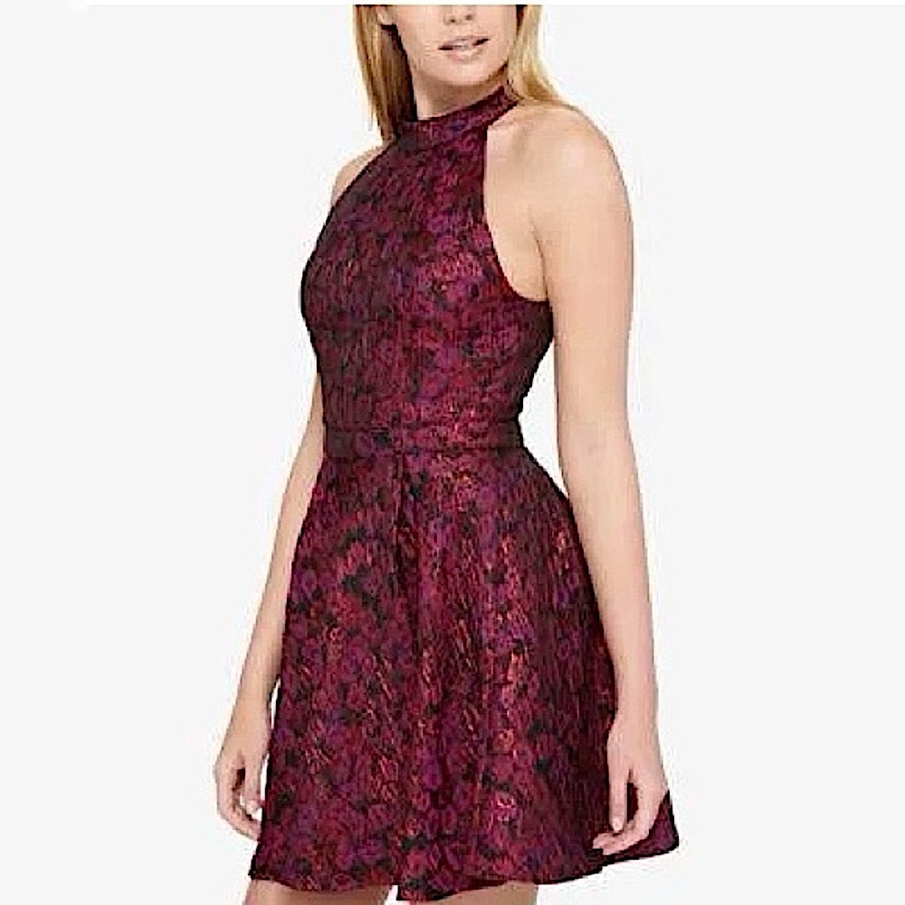 Guess Floral Embossed Jacquard Fit and Flare Halter Cocktail Dress Size 8